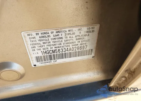 2004 Honda Accord Lx из США, поврежденный, VIN 1HGCM56334A028697